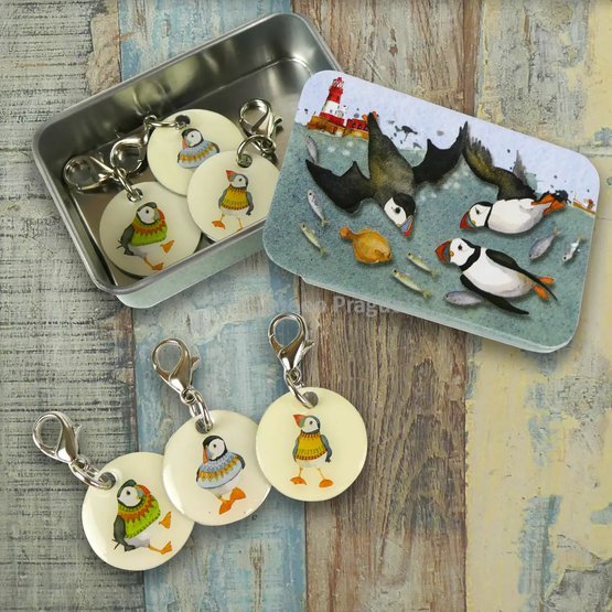 DIVING PUFFINS CROCHET STITCH MARKERS IN A POCKET TIN.jpg