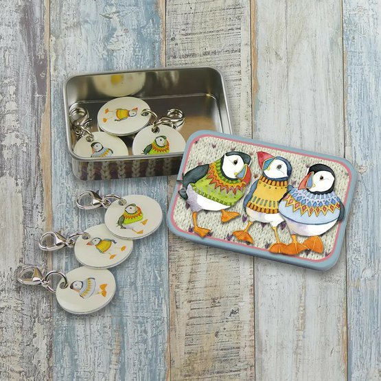 WOOLLY PUFFINS II CROCHET STITCH MARKERS IN A POCKET TIN.jpg